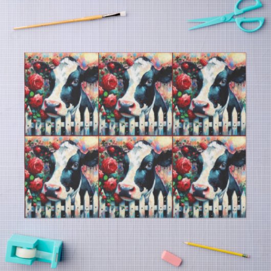 Holstein Cow Picket Fence Red Roses Decoupage 薄葉紙 (クラフト)