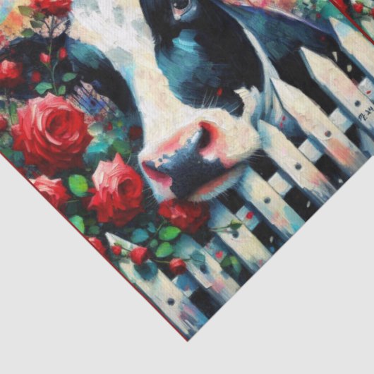 Holstein Cow Picket Fence Red Roses Decoupage 薄葉紙 (詳細)