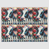 Holstein Cow Picket Fence Red Roses Decoupage 薄葉紙 (正面)