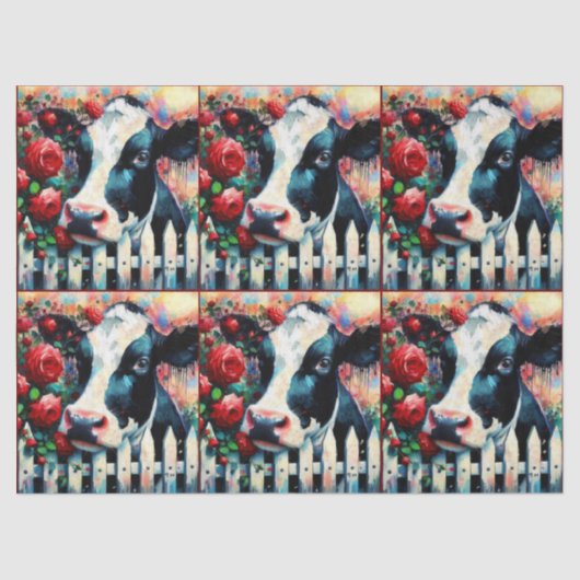 Holstein Cow Picket Fence Red Roses Decoupage 薄葉紙 (正面)