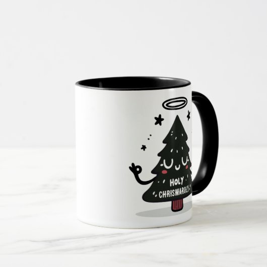 Holy Chrismaroly Mug Cute Floating Christmas Tree マグカップ (正面右)