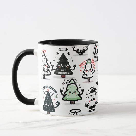 Holy Chrismaroly Pattern – Funny Christmas Trees マグカップ (左)