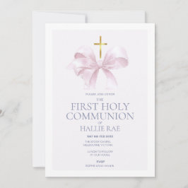 Holy Communion Invitation Girl, Modern Pink Bow 招待状