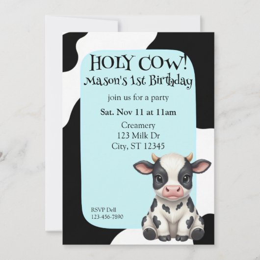 Holy Cow, blue, cow 1st Birthday 招待状 (正面)