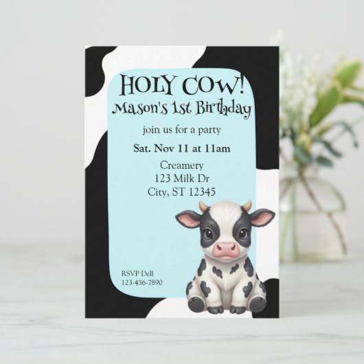 Holy Cow, blue, cow 1st Birthday 招待状 (スタンド正面)