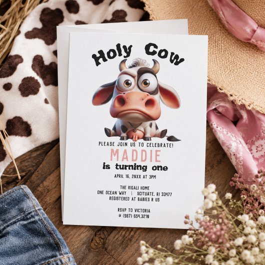 Holy Cow Caricatures I’m One Cowgirl 1st Birthday 招待状
