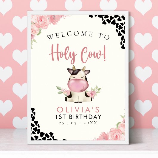 Holy cow! - Cute 1st Birthday Girl with Cow Theme ポスター