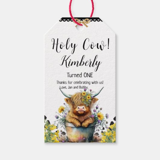 Holy Cow First Birthday Highland Cow,  ギフトタグ (正面)