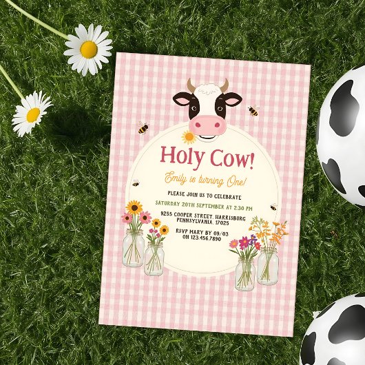 Holy Cow Floral Pink Gingham Girl 1st Birthday 招待状