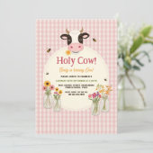 Holy Cow Floral Pink Gingham Girl 1st Birthday 招待状 (スタンド正面)