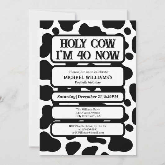 Holy Cow Funny Black White 40th Birthday 招待状 (正面)