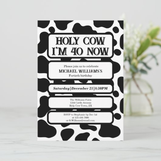 Holy Cow Funny Black White 40th Birthday 招待状 (スタンド正面)