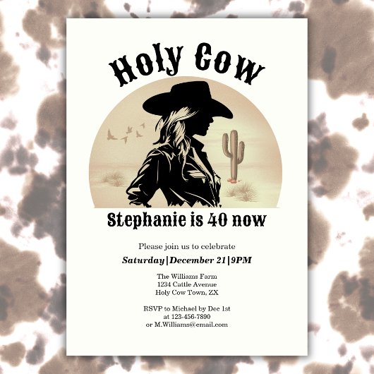 Holy Cow Funny Vintage Cowgirl 40th Birthday 招待状