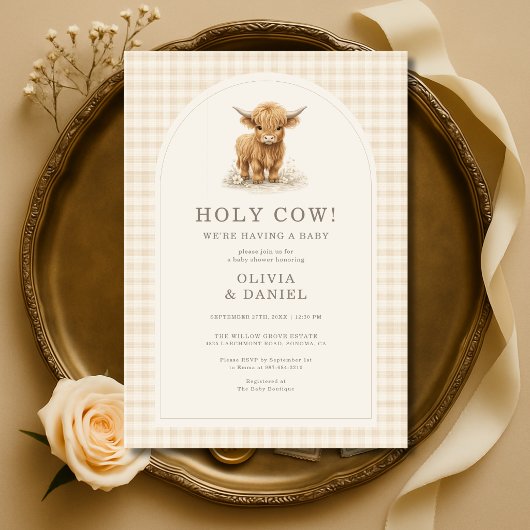 Holy Cow Highland Cow Gingham Baby Shower 招待状