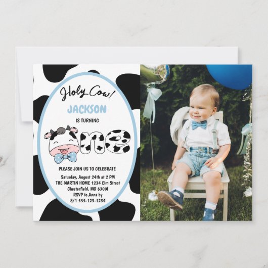 Holy Cow I'm One Boy 1st Birthday Photo 招待状 (正面)
