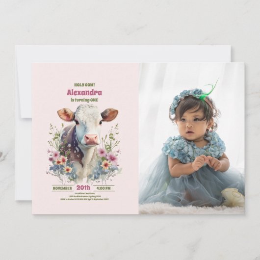 Holy Cow I'm One Cow Girl 1st Birthday Photo 招待状 (正面)