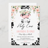 Holy Cow I'm One. Little Cow. Floral Birthday 招待状 (正面/裏面)