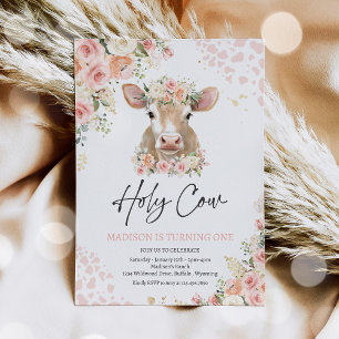 Holy Cow I'm One Pink Floral Farm Birthday Party 招待状