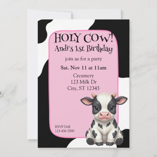 Holy Cow, pink, cow 1st Birthday 招待状 (正面)