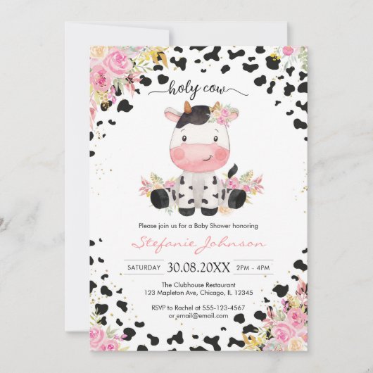 Holy Cow Pink Floral Cowgirl Baby Shower 招待状 (正面)