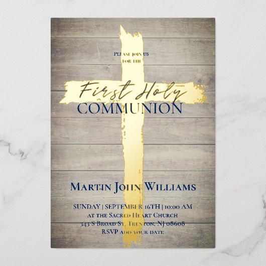 Holy Cross on wood First Communion 箔招待状 (正面)