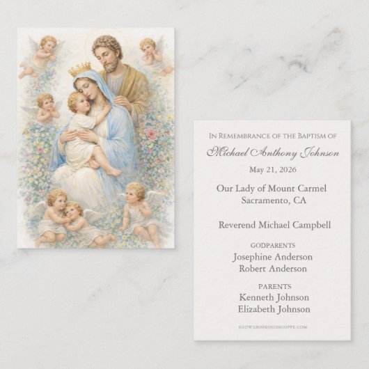 Holy Family with Angels Floral Baptism Remembrance 名刺 (正面/裏面)