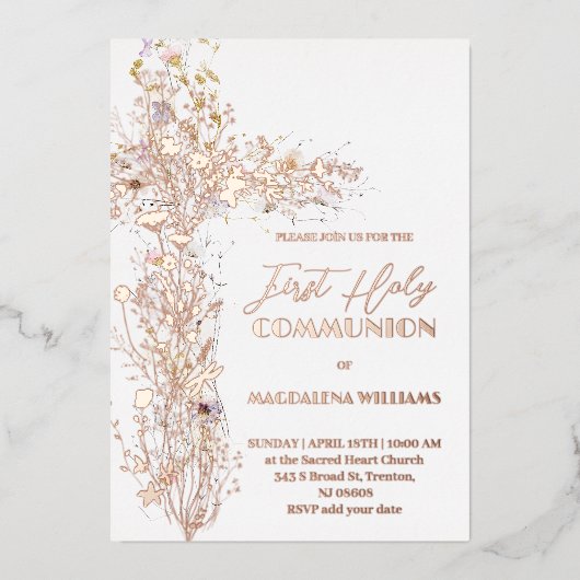 Holy floral cross First Communion white background 箔招待状 (正面)