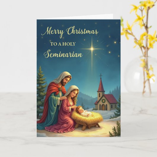 Holy Seminarian Christmas Nativity with Church カード (黄色い花)