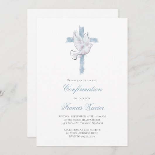 Holy Spirit blue cross Confirmation 招待状 (正面/裏面)