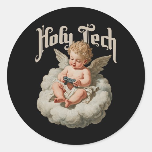 Holy Tech Gamer Angel Funny Cherob Ba  ラウンドシール (正面)