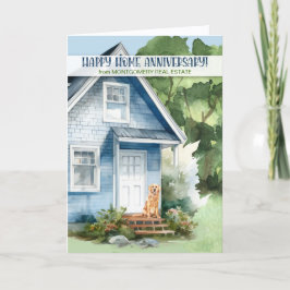 Home Anniversary Realtor Blue House and Dog Custom カード