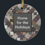 Home for the Holidays Patchwork Quilt Cozy セラミックオーナメント<br><div class="desc">The background of this Christmas ornament features a photo of a vintage patchwork quilt. I came across this quilt some time ago made by my great-grandmother. The cozy pattern and dark colors creates a homey feel. The front features the words, "Home for the holidays" and can be customized to suit...</div>