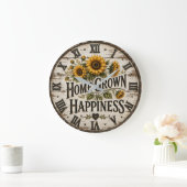Home Grown Happiness Rustic Sunflower Farmhouse ラージ壁時計 (ホーム)