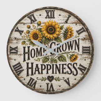 Home Grown Happiness Rustic Sunflower Farmhouse  ラージ壁時計