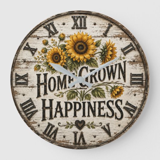 Home Grown Happiness Rustic Sunflower Farmhouse ラージ壁時計 (正面)