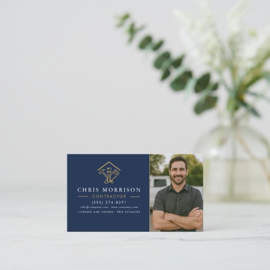 Home Improvement QR Code Photo Navy Blue Gold 名刺 (スタンド正面)