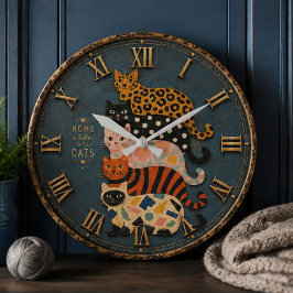 Home Is Better With Cats Whimsical Farmhouse Cat ラージ壁時計
