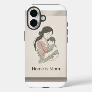 Home is Mom Minimalist Line Art Mother Baby Hug Ph iPhone 16ケース