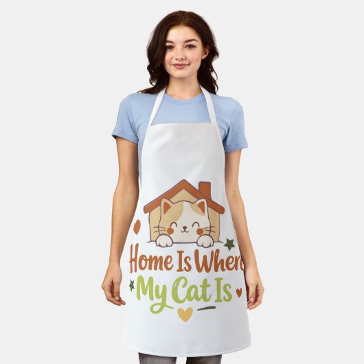 Home Is Where My Cat Is Cute Cat Lover Quote Desig エプロン (着用した状態)