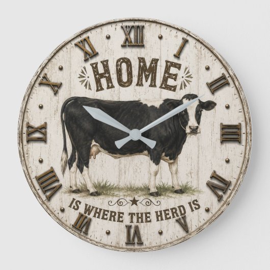Home Is Where the Herd Is Rustic Cow Farmhouse ラージ壁時計 (正面)