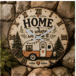 Home Is Where We Park It Camping Farmhouse Camper ラージ壁時計