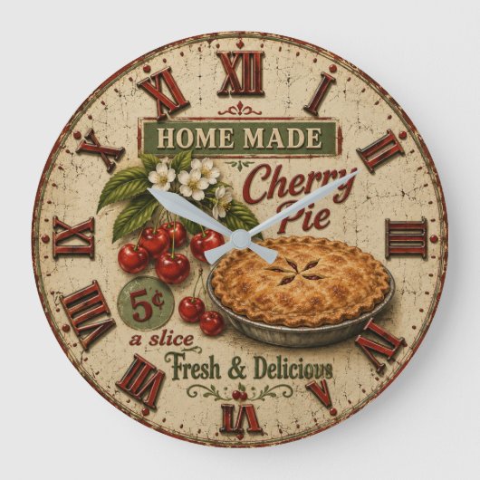 Home Made Cherry Pie Vintage Farmhouse Kitchen  ラージ壁時計 (正面)