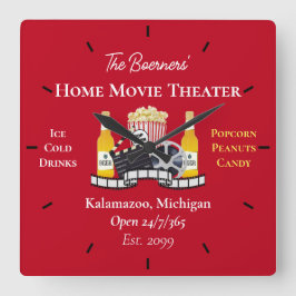 Home Movie Theater Popcorn Clapperboard Film スクエア壁時計