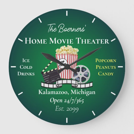 Home Movie Theater Popcorn Clapperboard Film Round ラージ壁時計 (正面)
