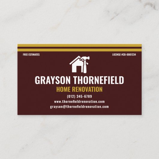 Home Renovation Contractor Modern Maroon and Gold 名刺 (正面)
