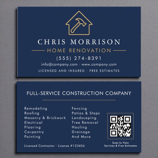 Home Renovation Repair Navy Blue Gold QR Code 名刺