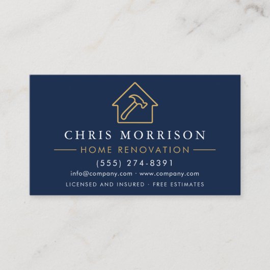 Home Renovation Repair Navy Blue Gold QR Code 名刺 (正面)