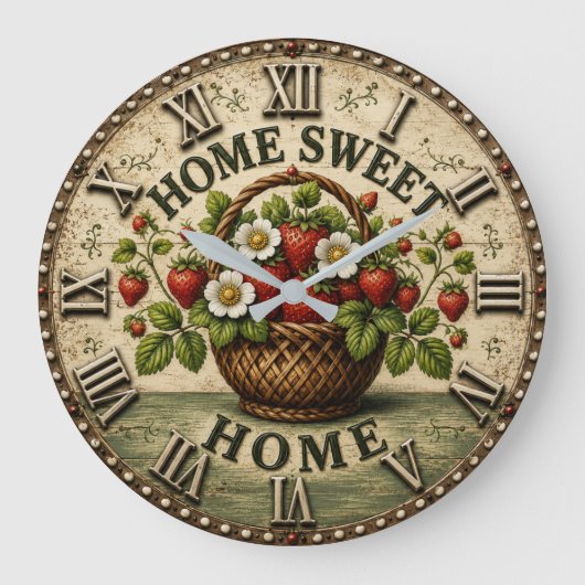 Home Sweet Home Strawberry Basket Farmhouse ラージ壁時計 (正面)