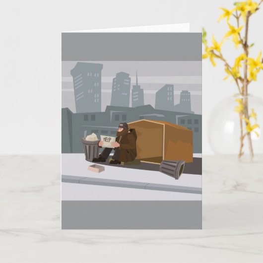 Homeless Man Holding Help Sign Urban Poverty カード (黄色い花)