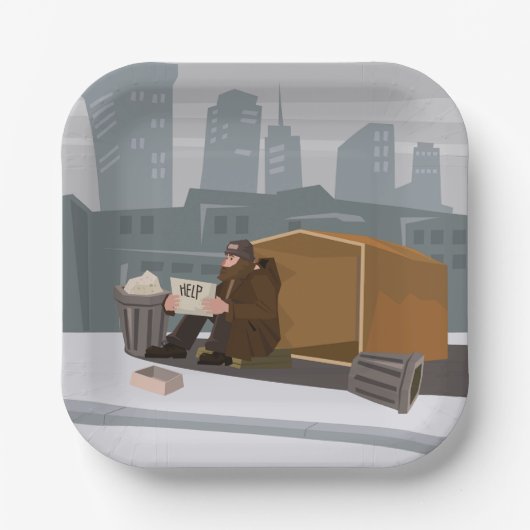 Homeless Man Holding Help Sign Urban Poverty ペーパープレート (正面)